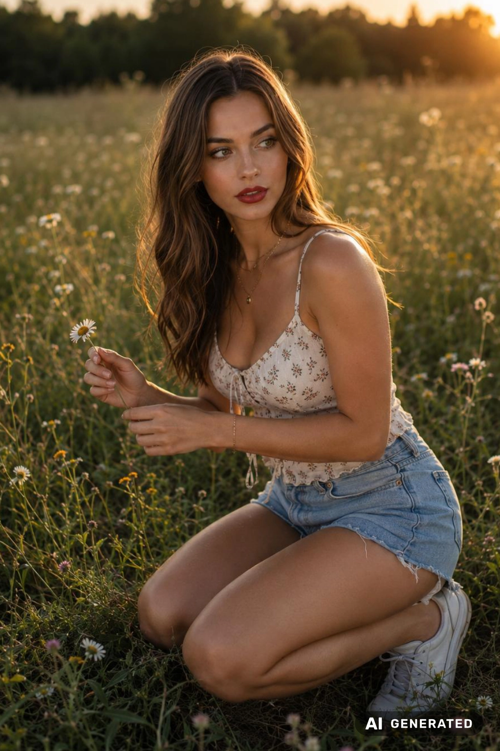 KI-generiert: Maja kniet bei Sonnenuntergang auf einer Blumenwiese und hält eine Margerite