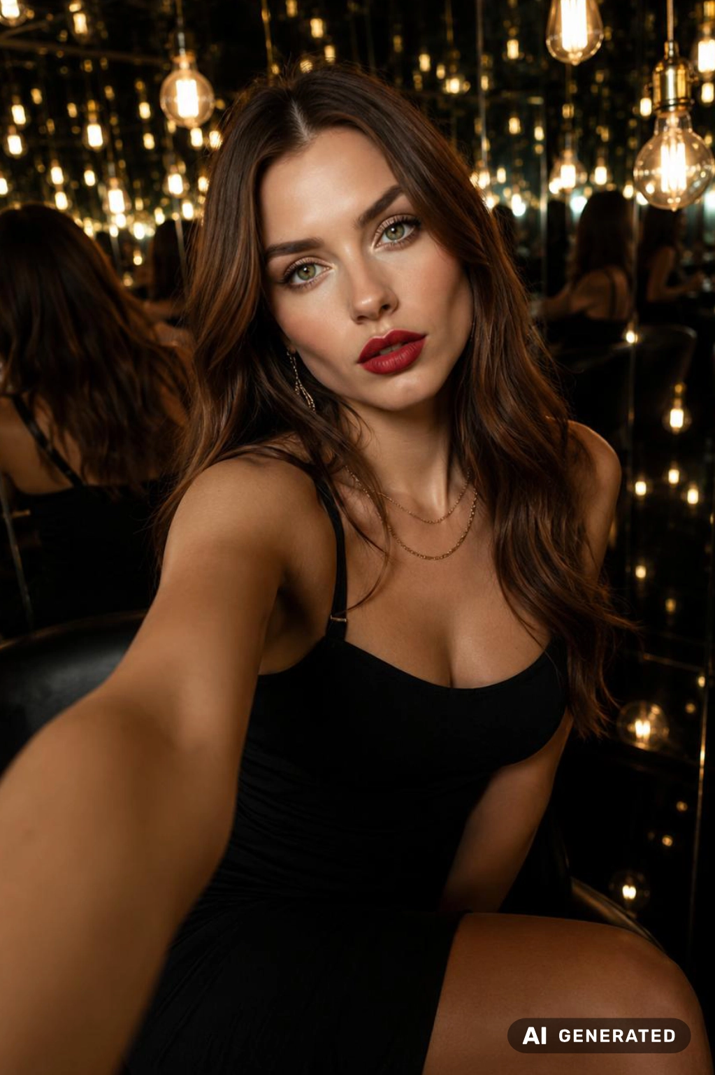 KI-generiert: Maja macht in einem schwarzen Kleid ein Selfie vor beleuchteten Spiegeln